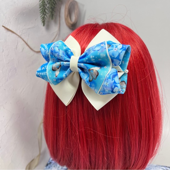 Handmade blue flower and butterflies hair bow clip for girls, 5” x 4” - Picture 4 of 5
